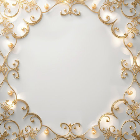3d render, vintage frame with gold ornament on white background.の素材
