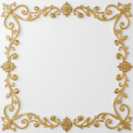 Classic golden frame on a white background. 3d render illustration.の素材