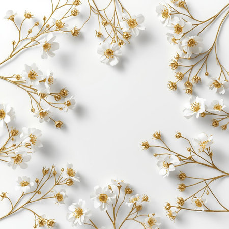 Flowers composition. Frame made of white flowers on white background. Flat lay, top view, copy spaceの素材