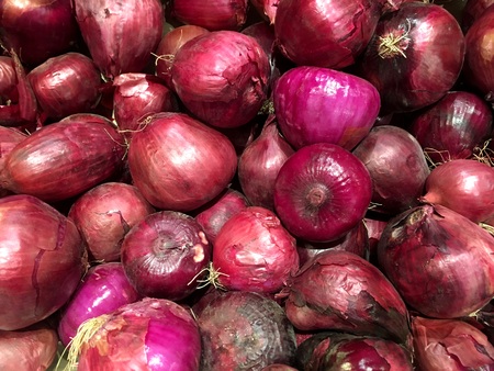 Red onions. Vegetables. Fragment from a fruit and vegetable shop.の写真素材