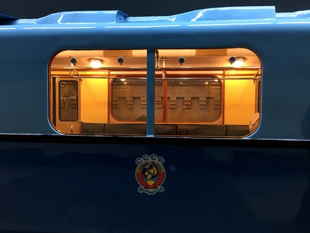 Old metro car. Transport of the USSR (a state that is not now). Wagon, train - museum.