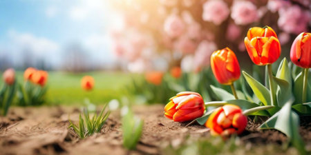 Floral background with copy space. Spring tulip flowers. Created using generative AI toolsの素材