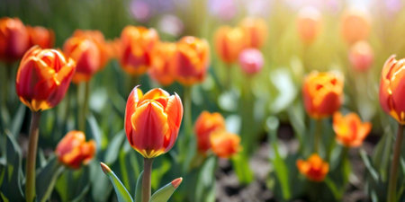 Floral background with copy space. Spring tulip flowers. Created using generative AI toolsの素材
