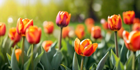 Floral background with copy space. Spring tulip flowers. Created using generative AI toolsの素材