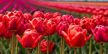 Blooming colorful eulips in growing in field. Created using generative AI toolsの素材