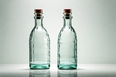 two empty glass bottles on a white table with reflection and copyspaceの素材