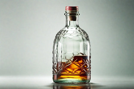 bottle of whiskey on a gray background with reflection, close upの素材