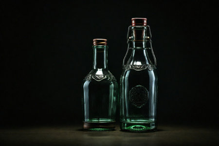 Two old glass bottles on a black background. Close-up.の素材