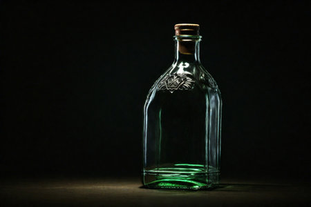 bottle of alcohol on a wooden table with a black background.の素材
