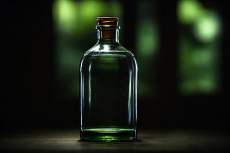 Foto de Empty glass bottle on wooden table with green bokeh background. - Imagen libre de derechos