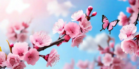 Spring blossom background. Cherry blossom with butterfly on sky backgroundの素材