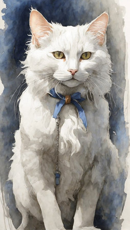Watercolor portrait of a white cat with a blue bow tie.の素材