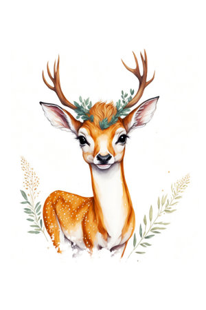 Watercolor illustration of a young deer with a wreath on his head.の素材