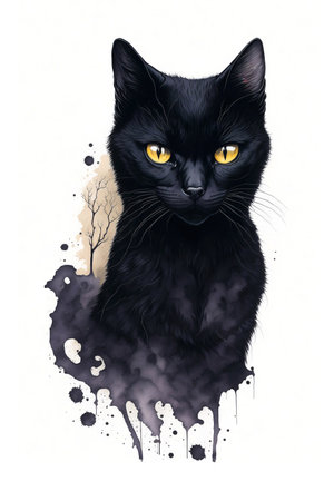 Cute black cat with yellow eyes. Watercolor hand drawn illustrationの素材