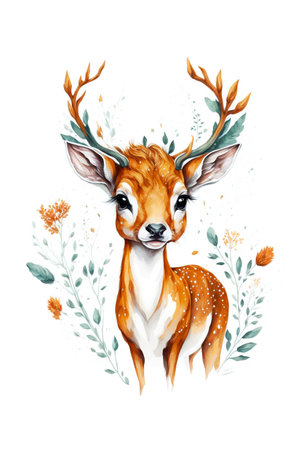 Beautiful watercolor illustration of a deer with antlers on a white backgroundの素材