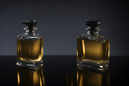 Two bottles of perfume on a black background. Close-up.の素材