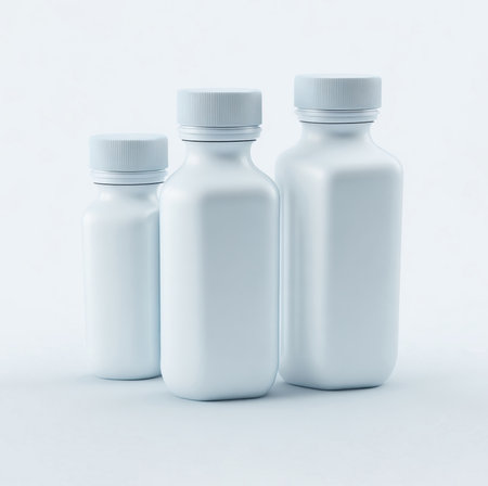 3d render of white plastic bottles on white background with copy spaceの素材