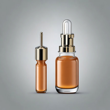 Brown glass dropper bottle with pipette isolated on gray background.の素材