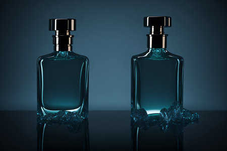 Two bottles of perfume on a dark blue background. 3d renderingの素材