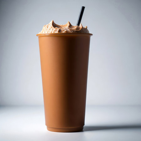 Mocha coffee in plastic cup with straw on white background.の素材