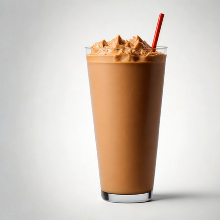 Iced coffee in a tall glass with a straw on a white backgroundの素材