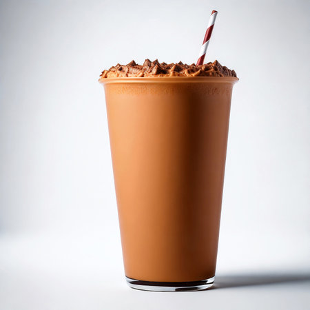 Iced chocolate milkshake in plastic cup on white background.の素材