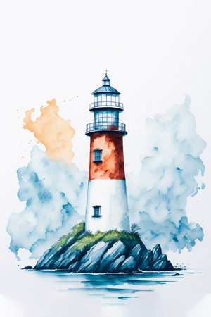 Watercolor illustration of a lighthouse on the island in the sea.の素材