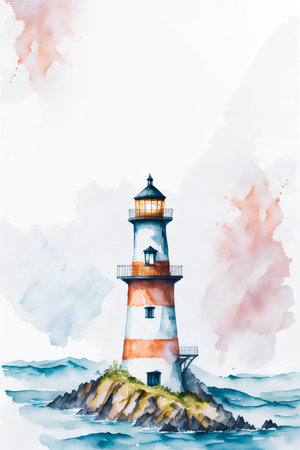 Lighthouse on the island in the sea. Digital watercolor painting.の素材