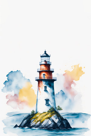Digital watercolor painting of a lighthouse in the middle of the ocean.の素材