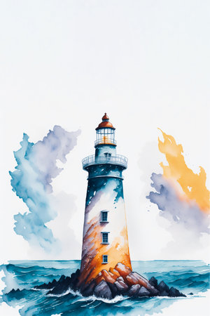 Lighthouse on the sea, watercolor painting on white background.の素材