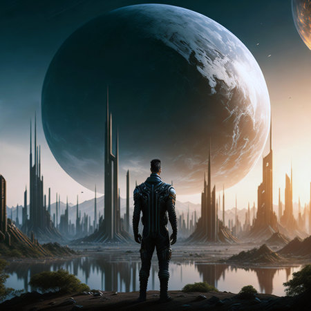 Man in space suit with planet and city in background. Mixed mediaの素材