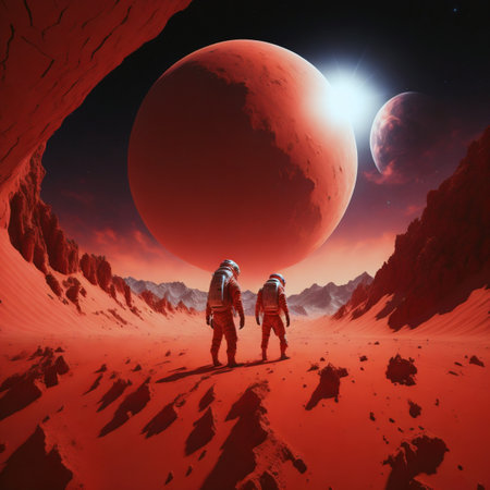 Two astronauts on the surface of the planet Mars. 3D renderingの素材