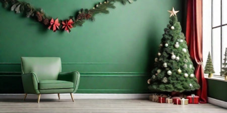 interior with christmas tree and green armchair 3d renderの素材