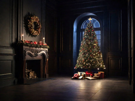 Christmas tree and fireplace in the interior of the room with a fireplaceの素材