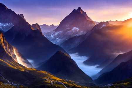 Panoramic view of the mountains at sunset. Caucasus, Russiaの素材