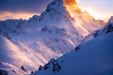 Mountain peaks at sunset. Caucasus Mountains, Georgia, region Gudauri.の素材