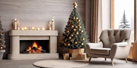 Living room with Christmas tree, fireplace and armchair, panoramaの素材