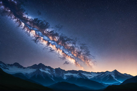Milky Way over the mountains at night. Caucasus, Russia.の素材
