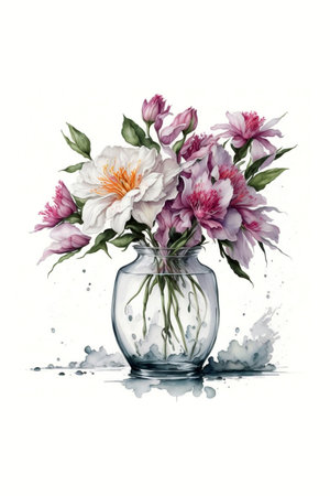 Watercolor illustration of a bouquet of flowers in a vaseの素材