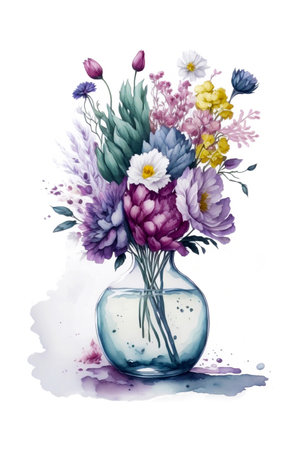 Bouquet of flowers in a vase. Watercolor illustrationの素材