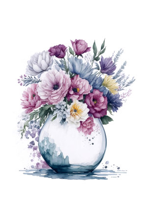 Watercolor bouquet of flowers in a vase on a white backgroundの素材