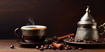 Coffee cup and coffee beans on wooden table with copy spaceの素材