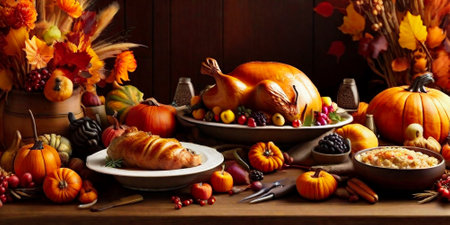 Thanksgiving table setting with pumpkins, turkey, berries and autumn leavesの素材