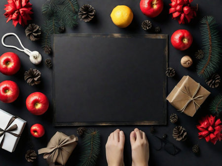 Top view of woman hands holding black chalkboard with Christmas decorations on black backgroundの素材