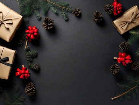 Christmas background with fir branches, gift boxes and decorations on black backgroundの素材