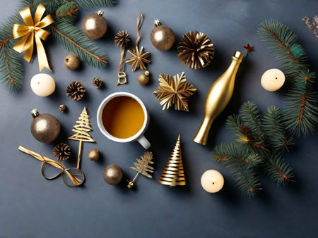 Christmas composition. Cup of tea, golden christmas decorations on gray background. Flat lay, top viewの素材