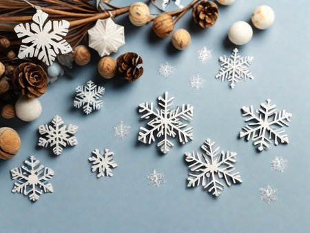Christmas composition with snowflakes, pine cones and balls on blue backgroundの素材