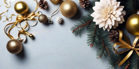 Christmas background. Festive decoration on gray background. New Year concept. Flat lay, top view, copy space.の素材
