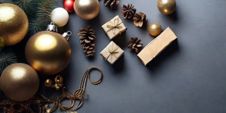 Christmas and New Year holiday background. Christmas decorations on a gray background.の素材