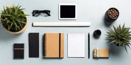Flat lay of office desk table with smartphone, supplies and coffee cup.の素材
